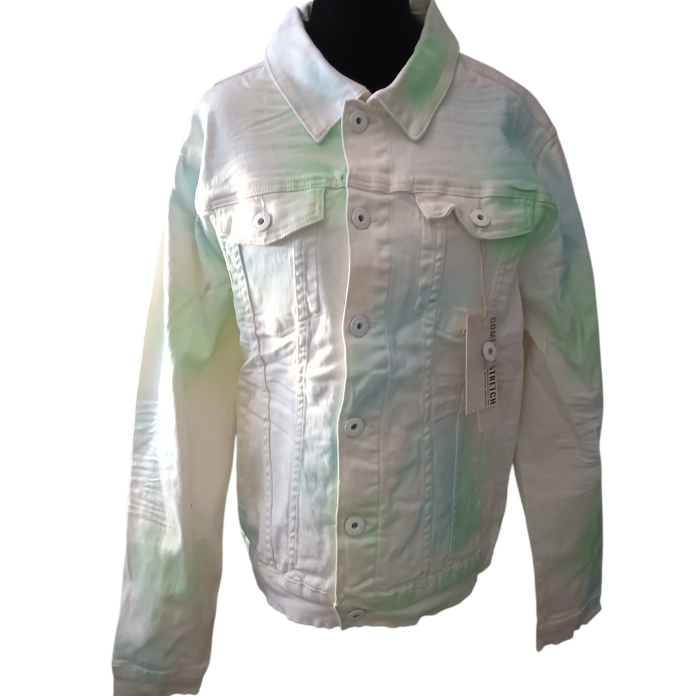 KDNK Stylish White Denim Jacket With Green And Blue.